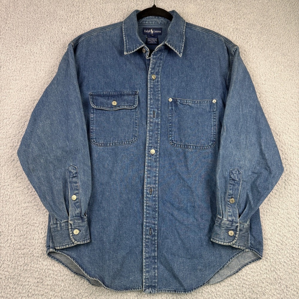 Vintage Ralph Lauren Denim Shirt Mens Medium Blue Long Sleeve Dual Pocket 90s